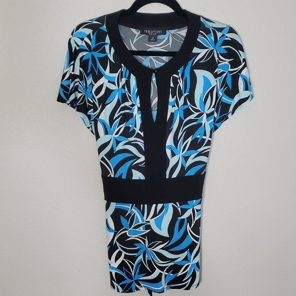Y2K Perceptions Womens Babydoll Tunic Top Size 14/M/L Blue Black Stretch Goth
